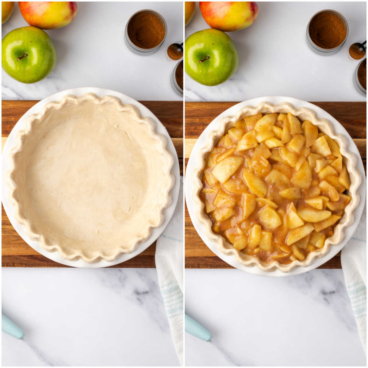 Step images adding apple pie filling to pie shell.