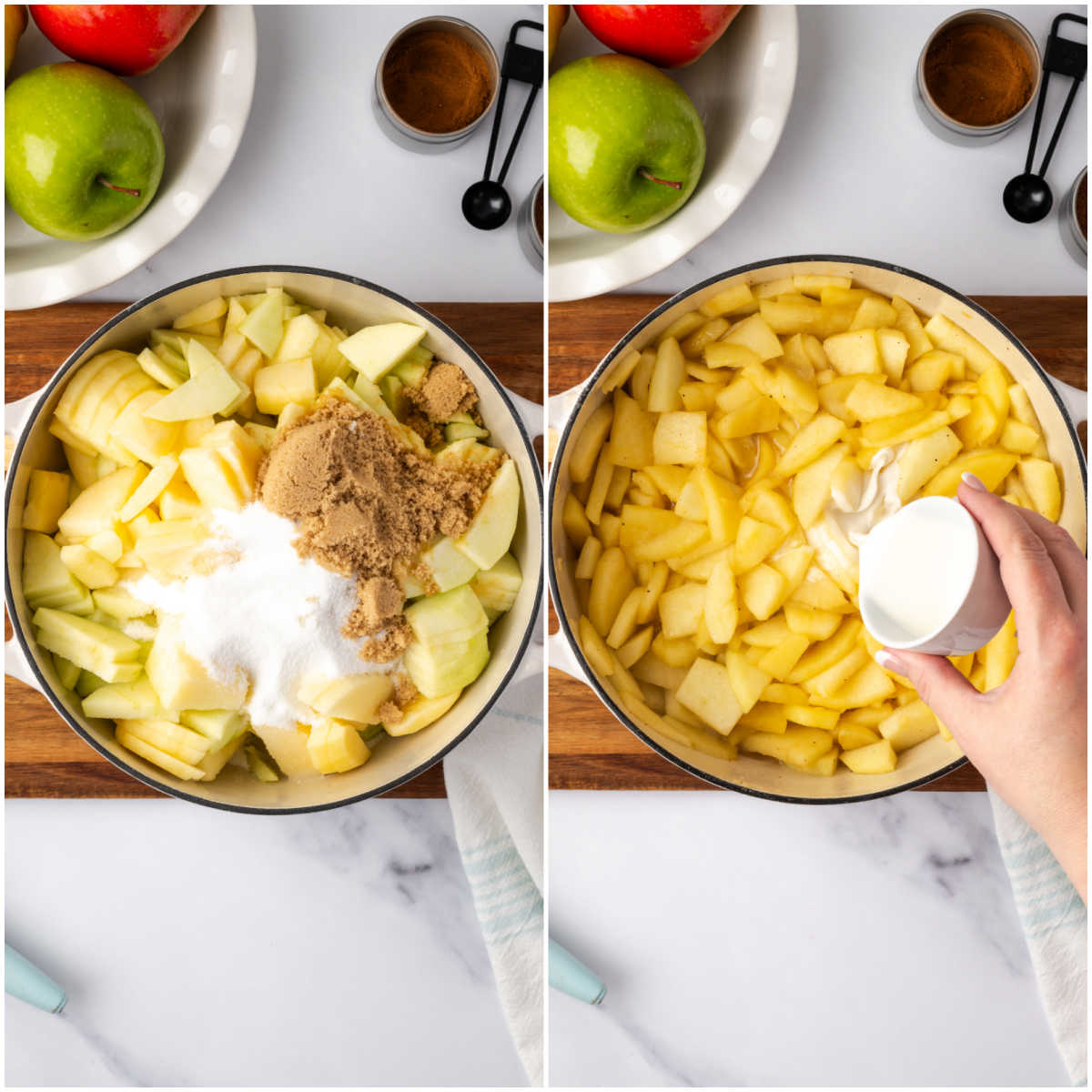 Step images making apple pie filling in enamelware Dutch oven.