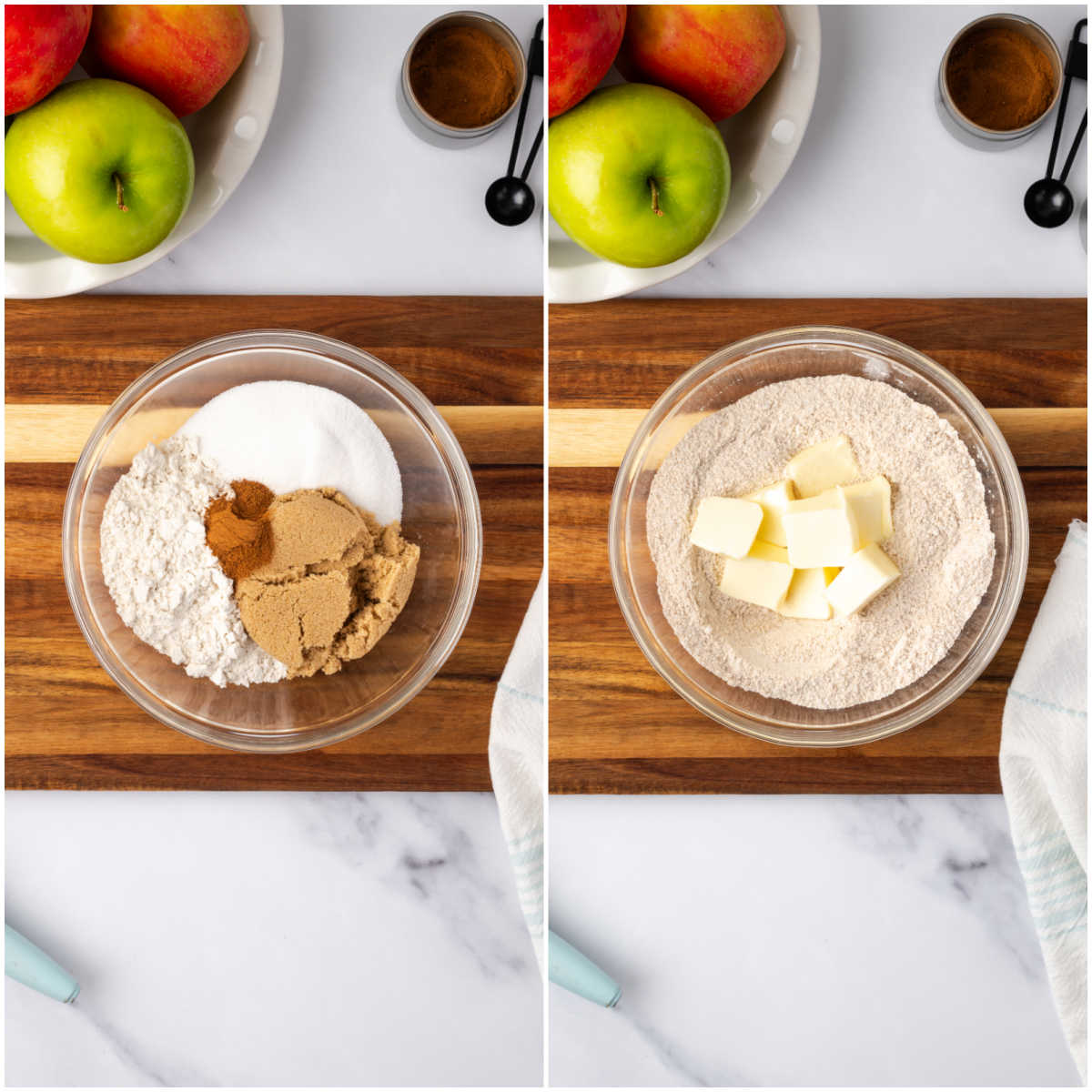 Step images of crumb topping in clear glass bowl on wood cutting board.