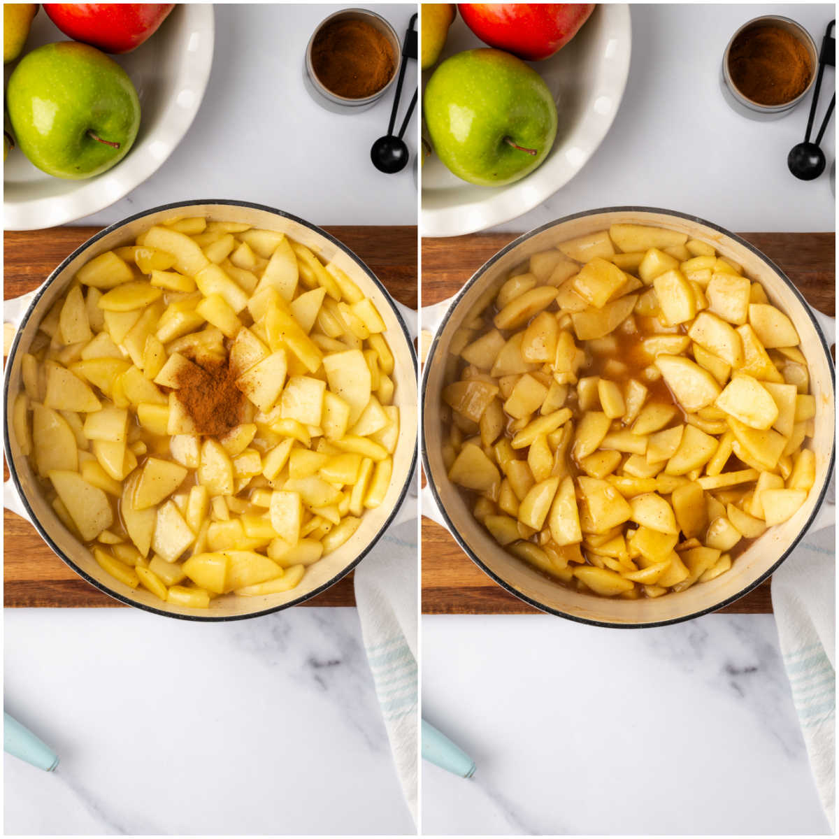 Step images adding cinnamon to apple pie filling in Dutch oven.