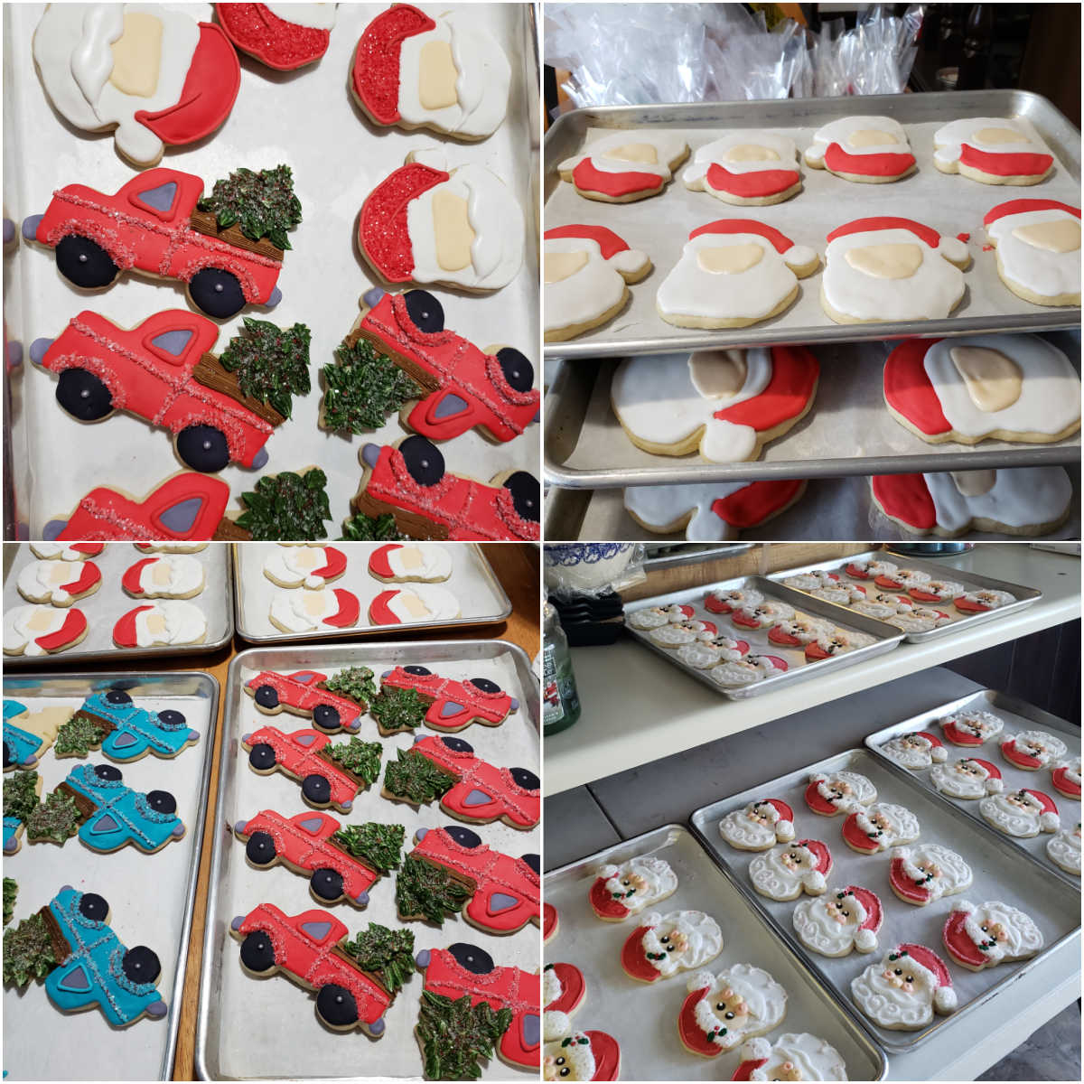 Collage of images of Christmas sugar cookies drying on sheet pans in kitchen.