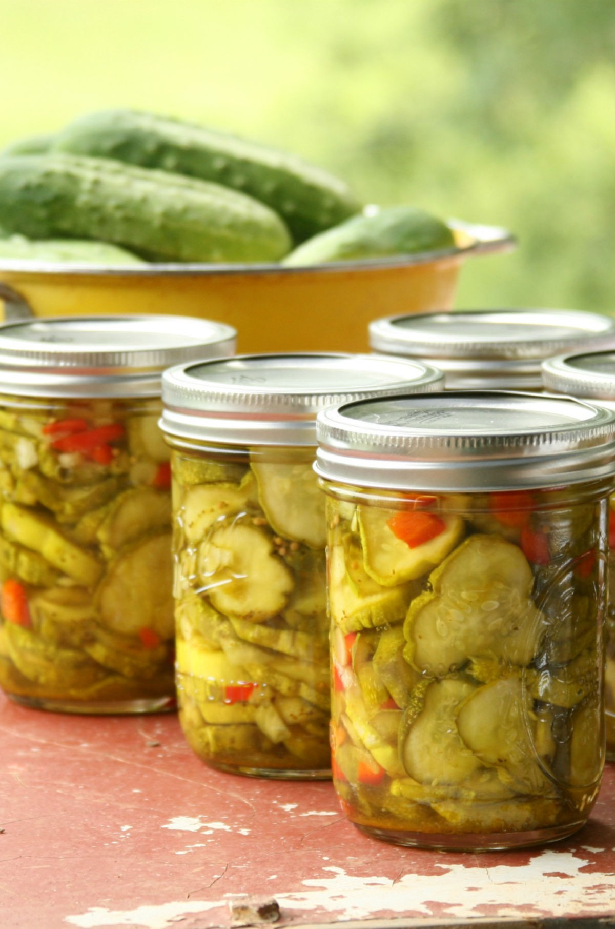 Bread and Butter pickles in Mason jars on barn red color metal.