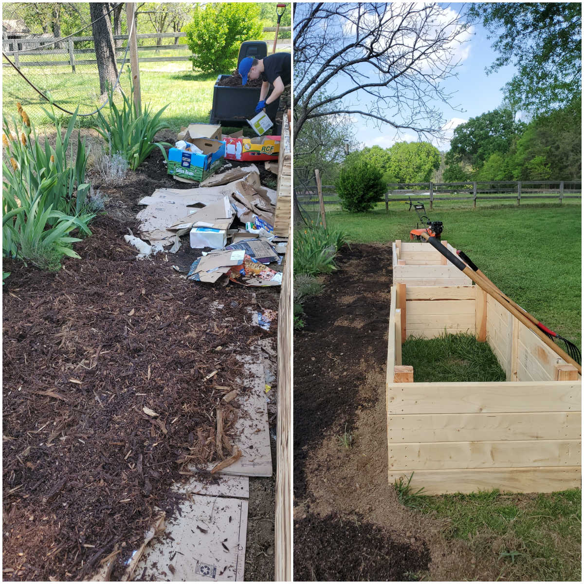 Wood raised beds to the side of vegetable garden, putting down cardboard and bark mulch.