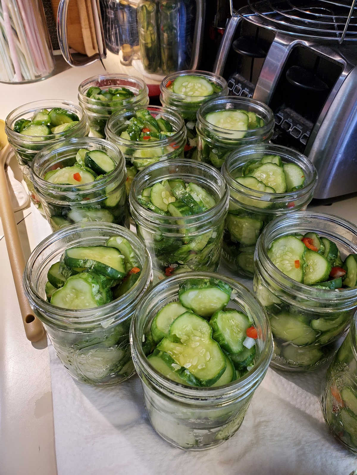 Wide mouth pint Mason jars filled with slices of pickling cucumbers, red and green peppers, and diced yellow onions, on kitchen counter.