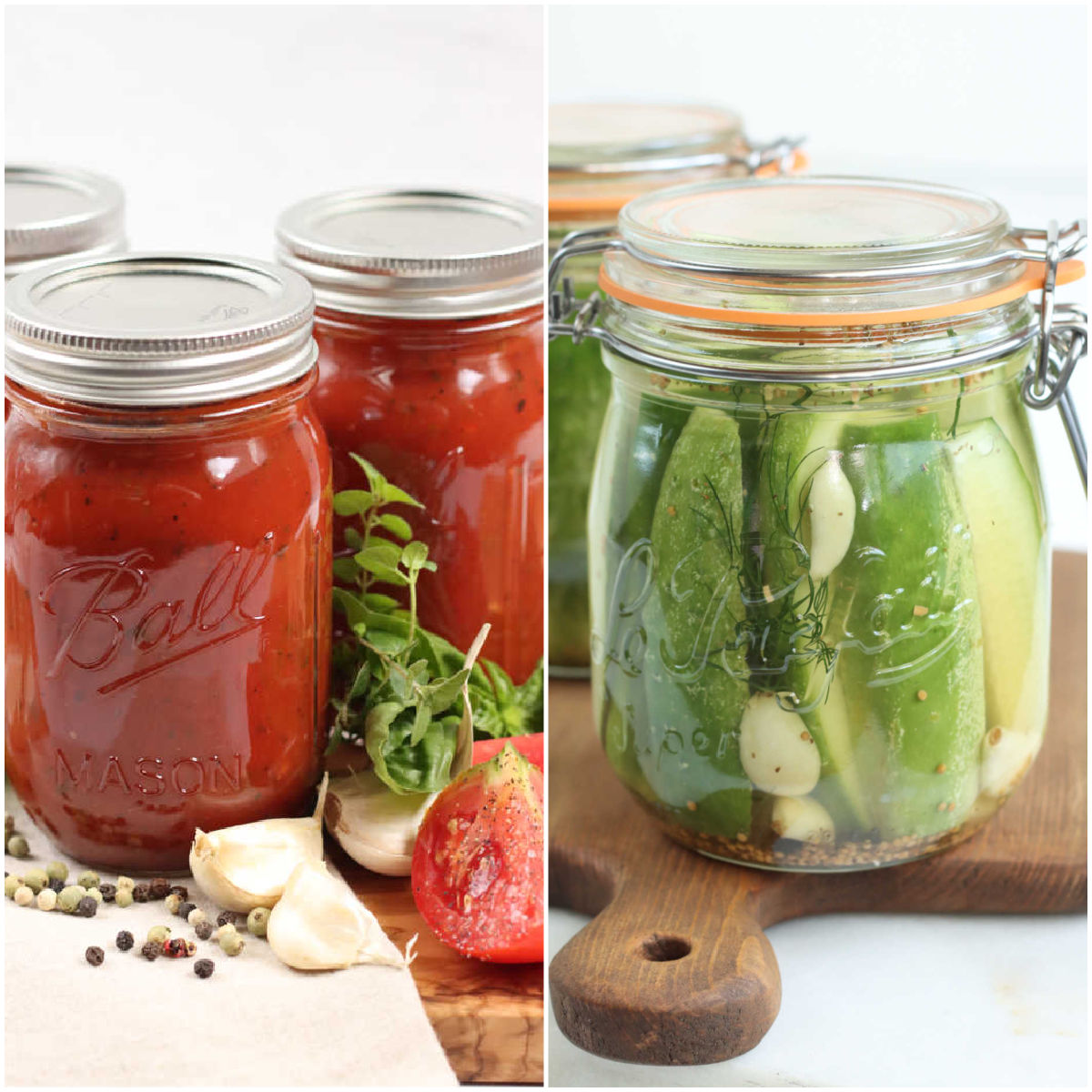 Marinara sauce in Mason jars, Dill pickles in glass jar with clasp lid.