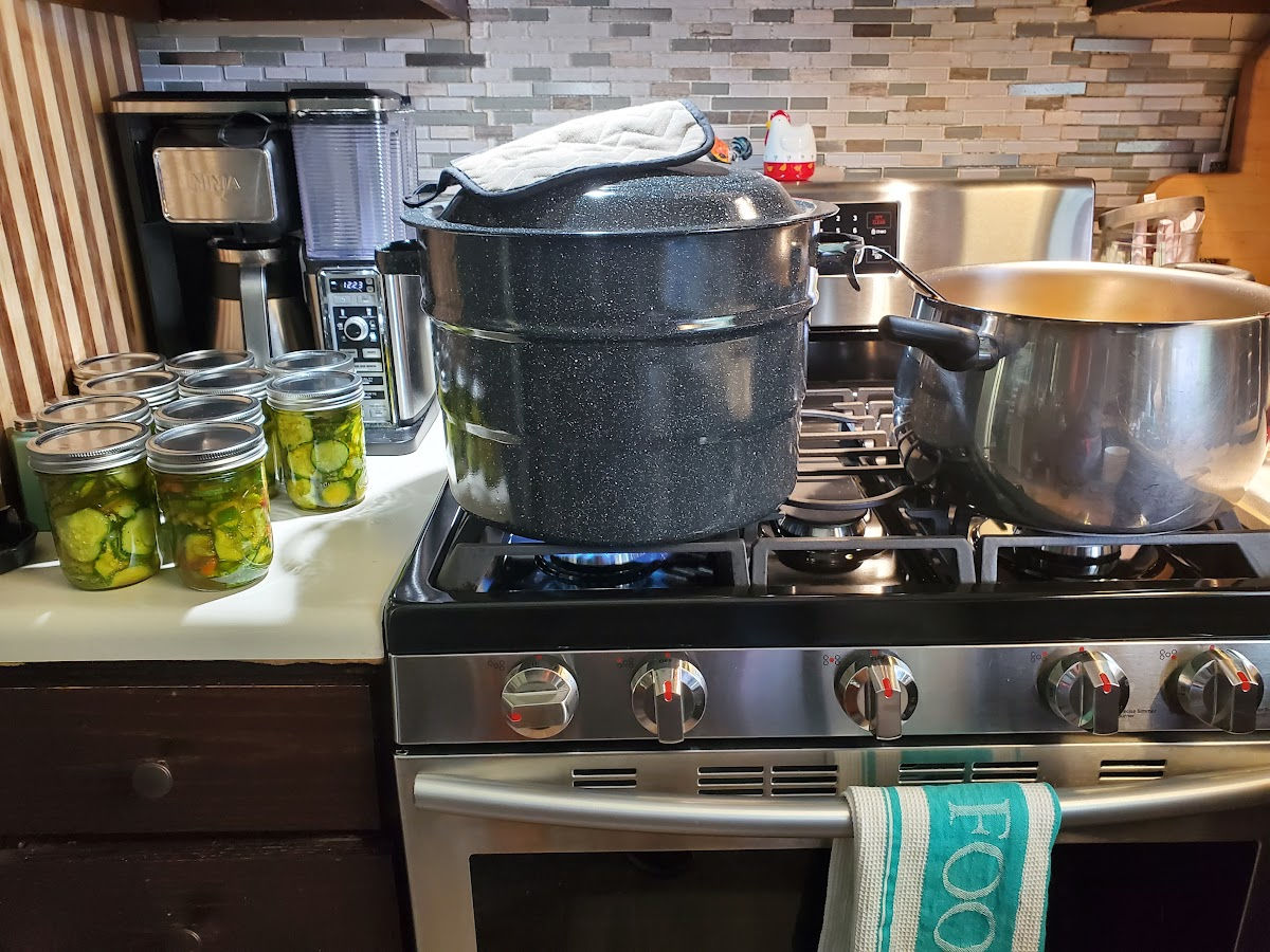 Stainless steel kitchen stove with enamelware water bath canner, canning pickles, pot of brine to right on stove.