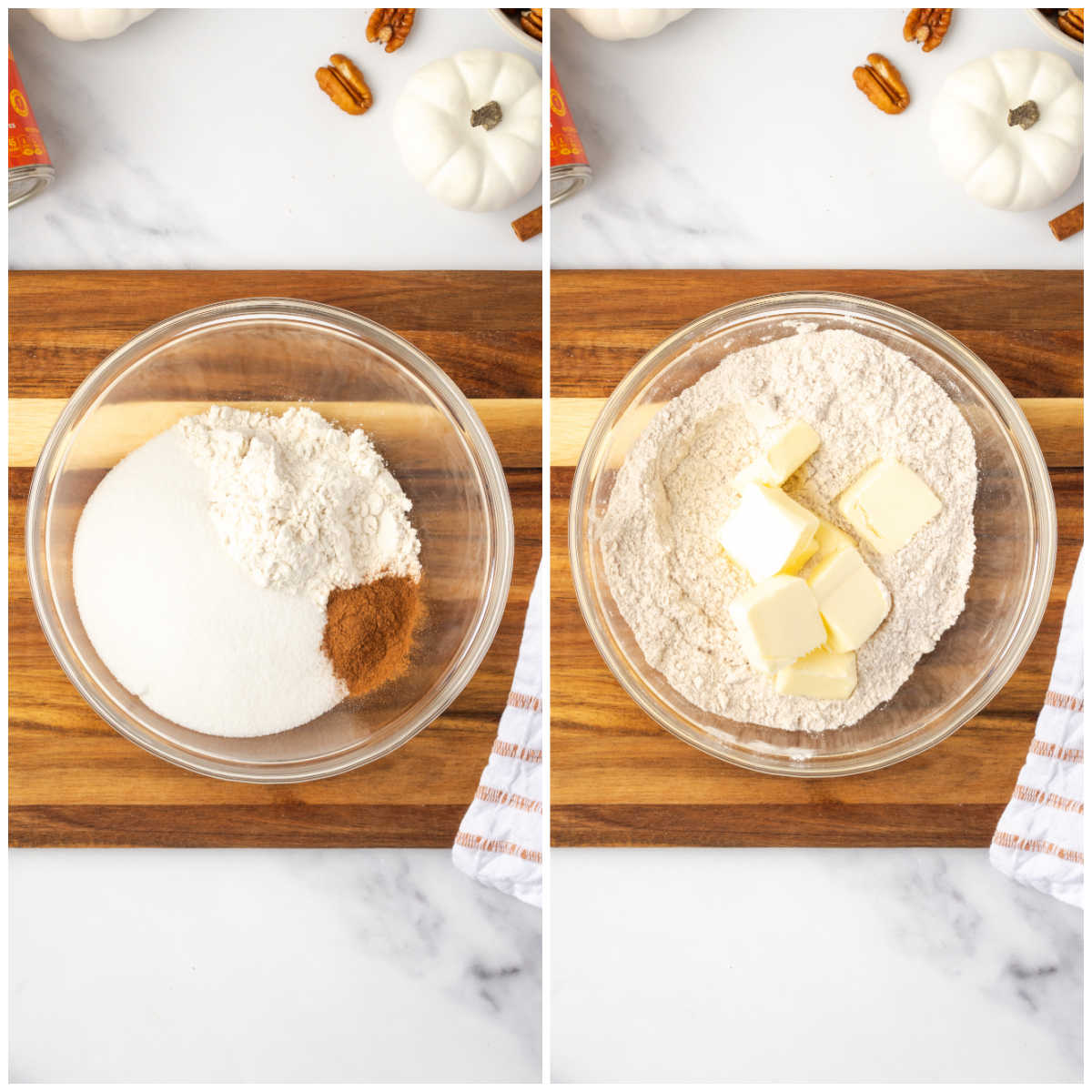 Step images making crumb topping in clear glass bowl on wood cutting board.
