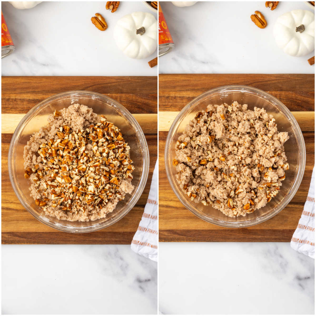 Step images making crumb topping in clear glass bowl.