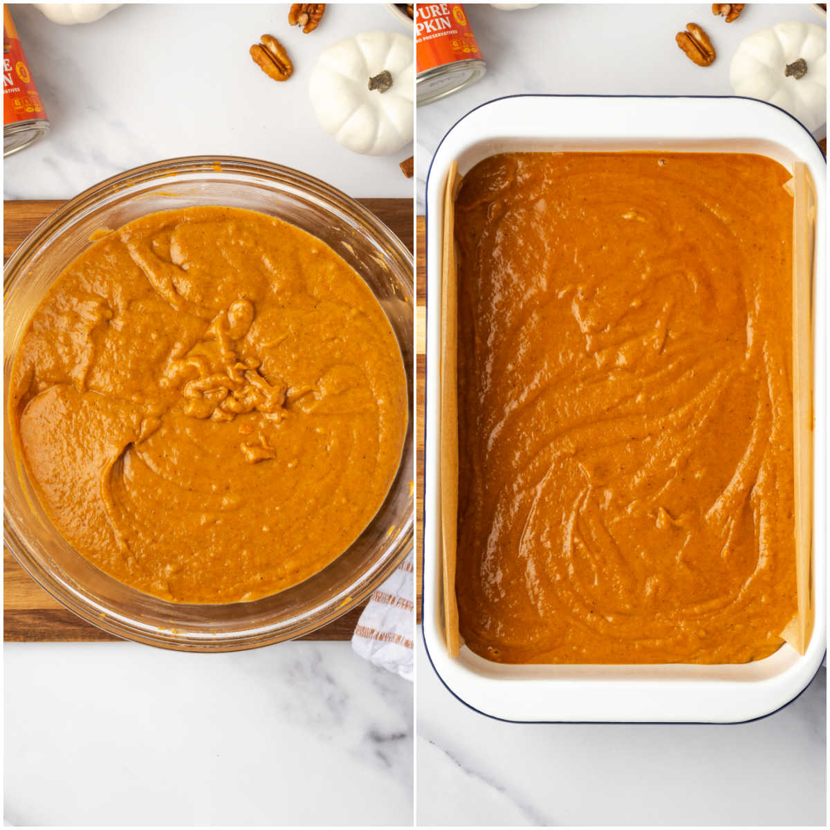 Step images adding pumpkin cake batter to white cake pan.