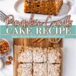 Pumpkin cake sliced into squares on cutting board.