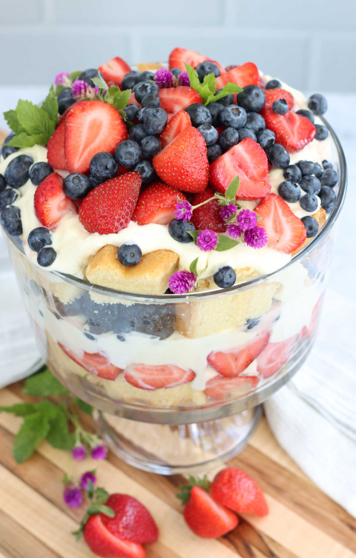 Trifle dessert with layers of cake, pudding and berries.