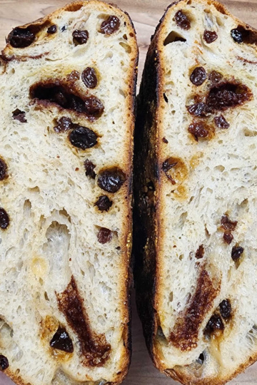 Open crumb picture of cinnamon raisin sourdough loaf.