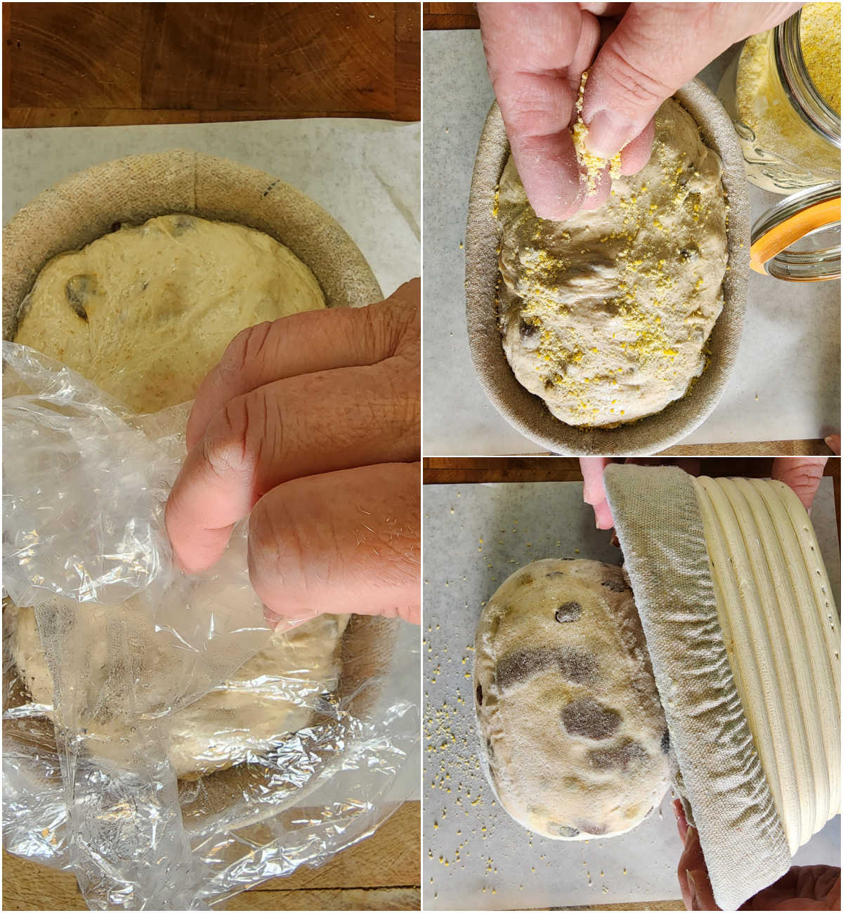 Step images of taking dough out of oval proofing basket.