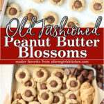 Peanut butter cookies with chocolate kisses on sheet pan, spoon of peanut butter.