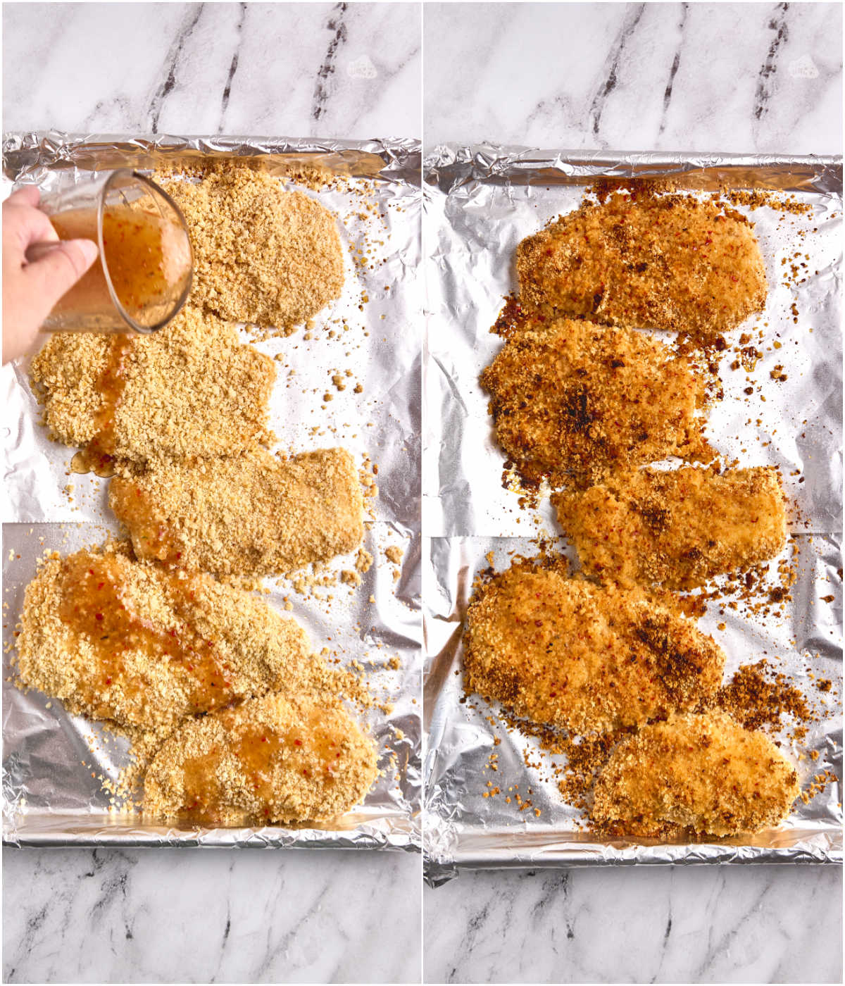 Breaded chicken before baking on aluminum foil lined pan, after baking on pan.