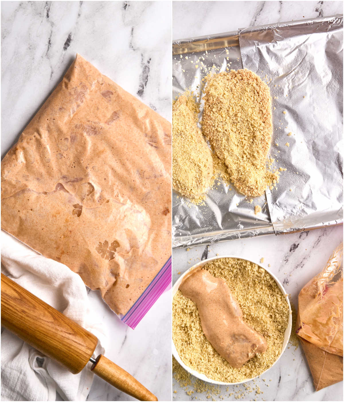 Dipping seasoned buttermilk soaked chicken into bowl of panko breadcrumbs.