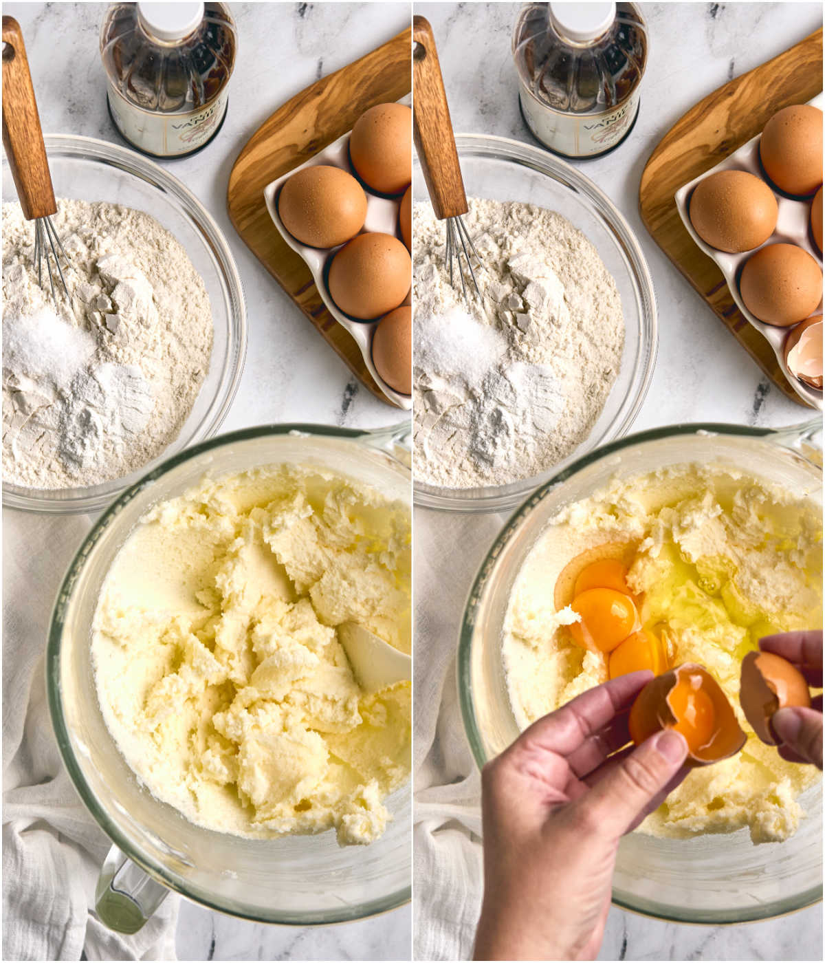 Clear glass mixing bowl making batter for cherry bars.