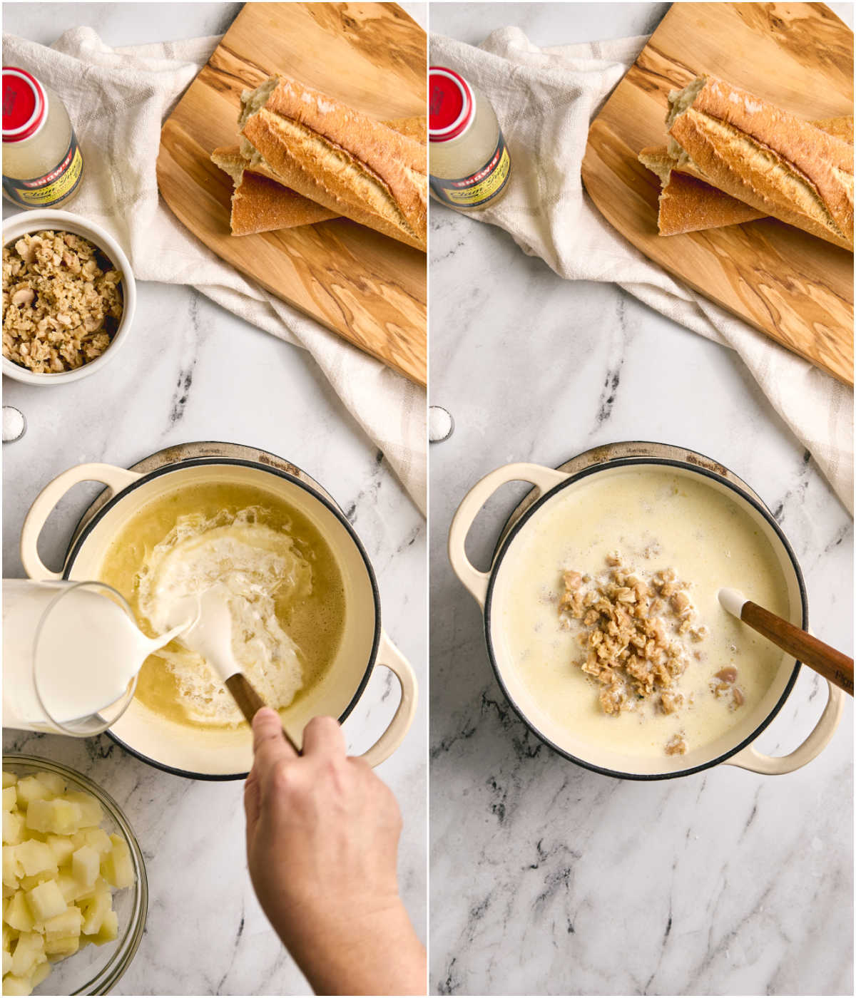 Step images of making clam chowder, adding cream and clams.