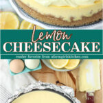 Lemon cheesecake with lemon candies on footed cake dish.