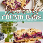 Blueberry bars stacked on top of each other on small white plate.