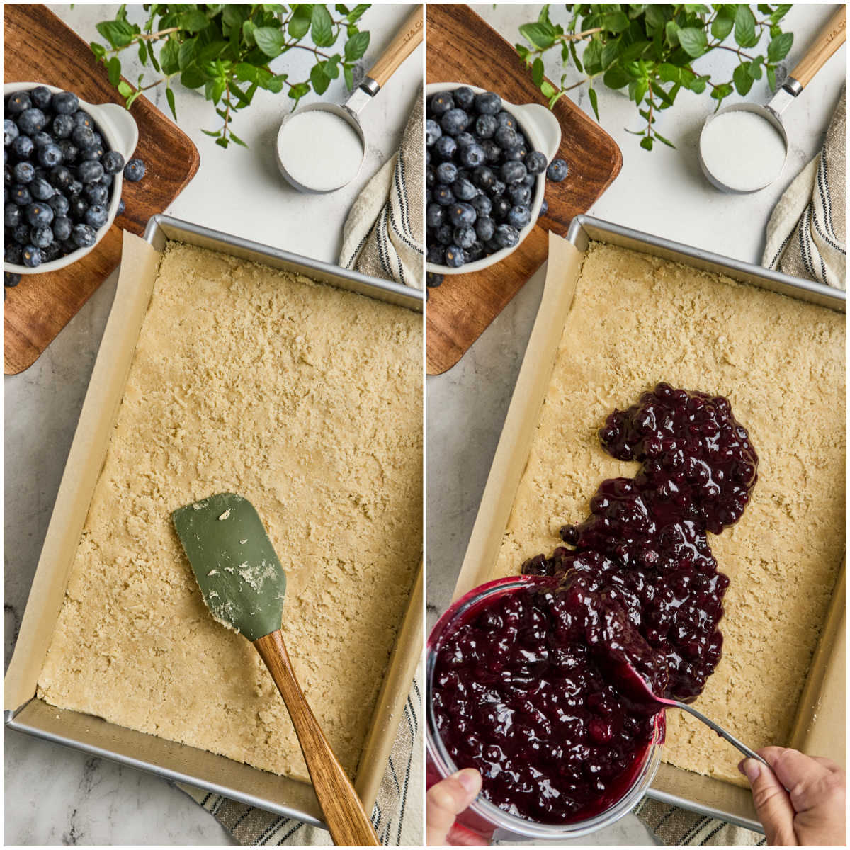 Step images adding blueberry filling over shortbread crust in 9x13-inch metal baking pan.