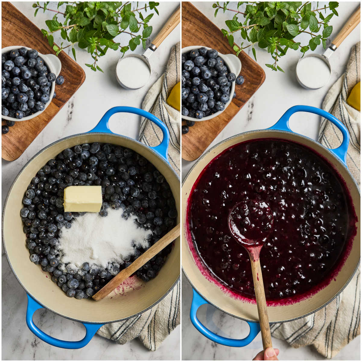 Step images making blueberry filling in blue Dutch oven, wooden spoon.