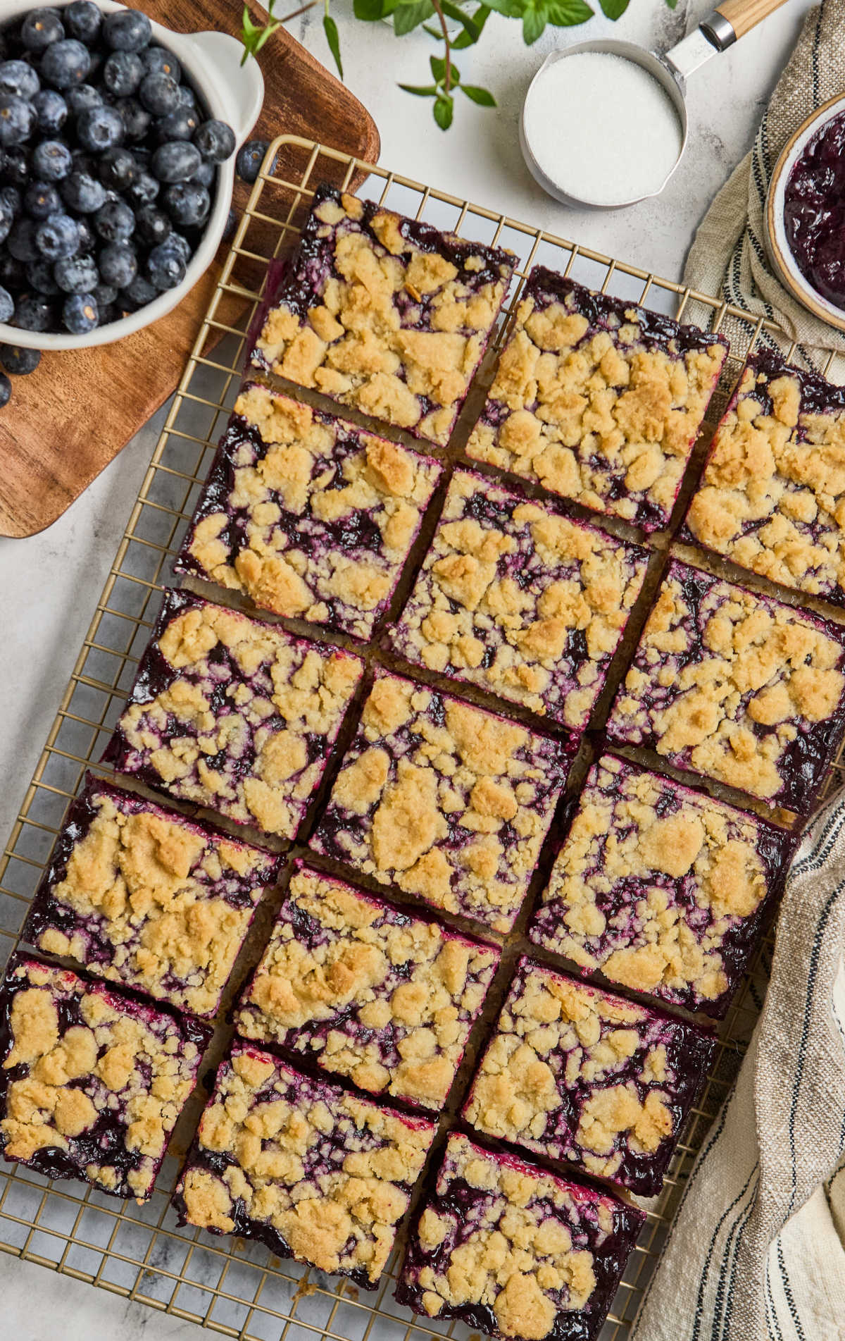Blueberry bars cut into squares on metal rack, fresh blueberries in small white bowl.