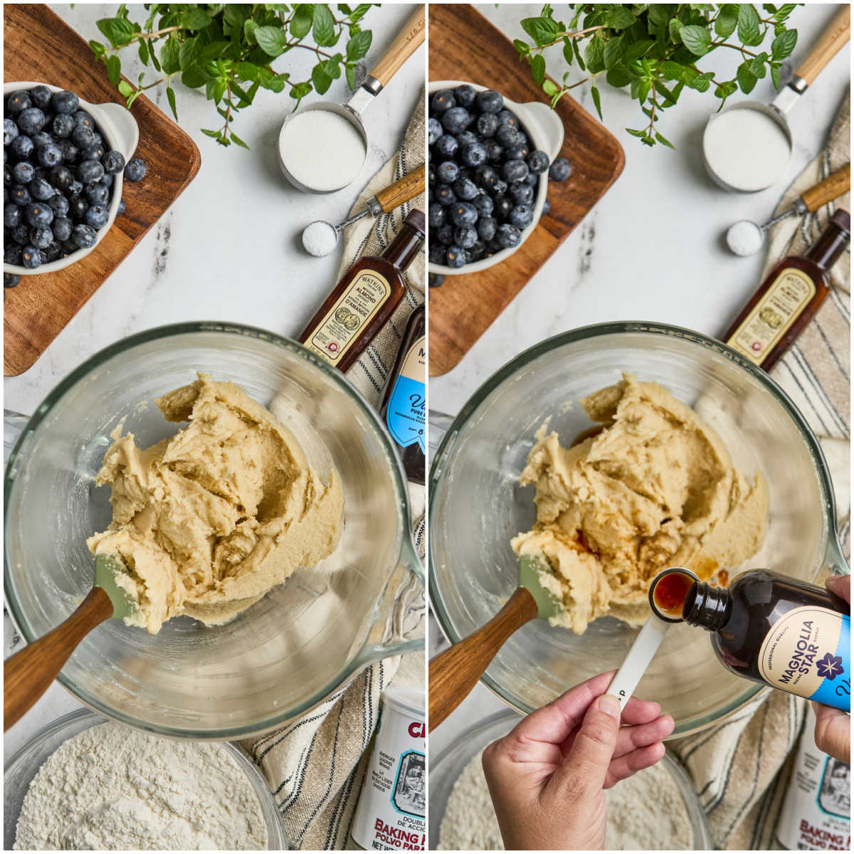 Step images making crumb topping in glass mixing bowl.