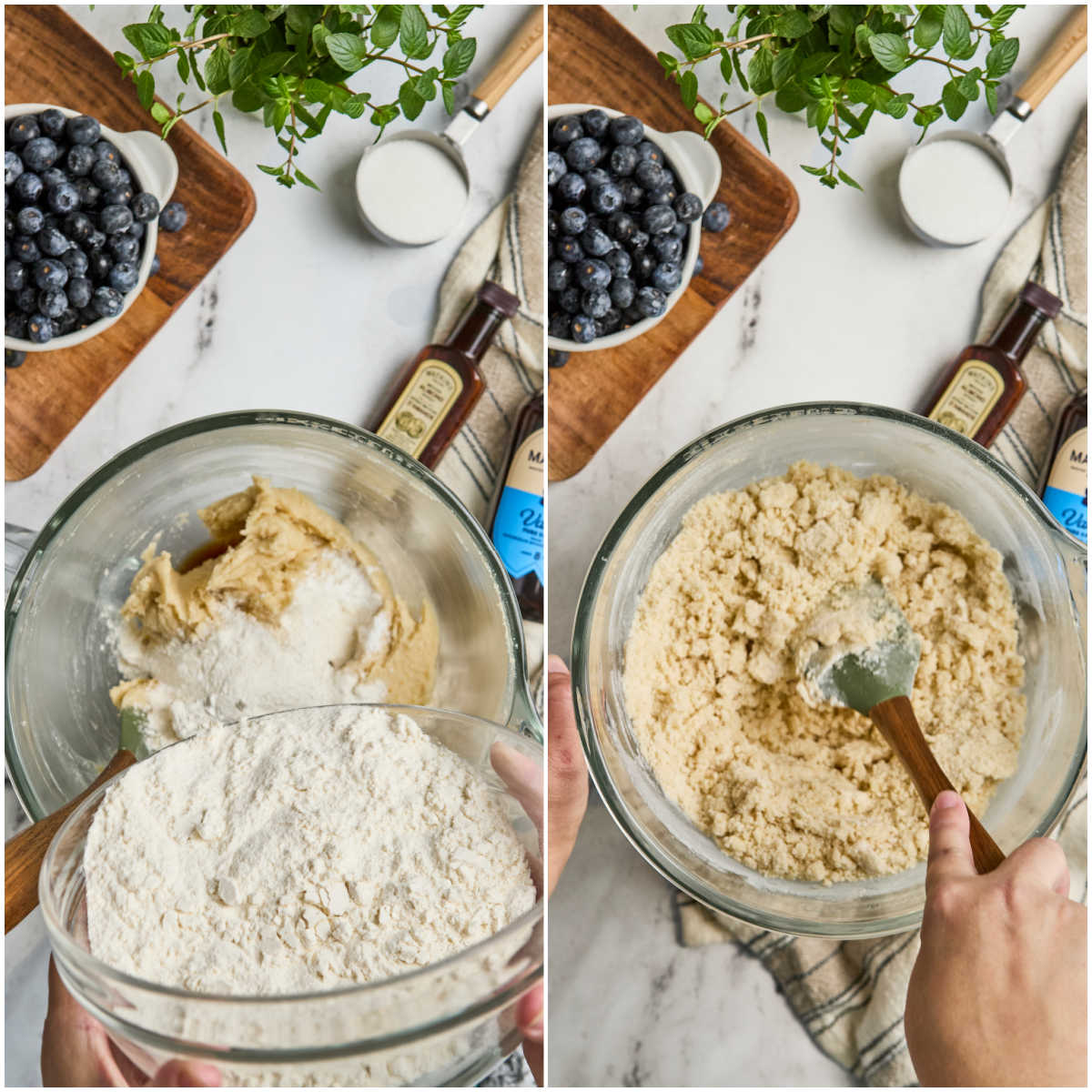 Step images adding flour to dough in clear glass mixing bowl.