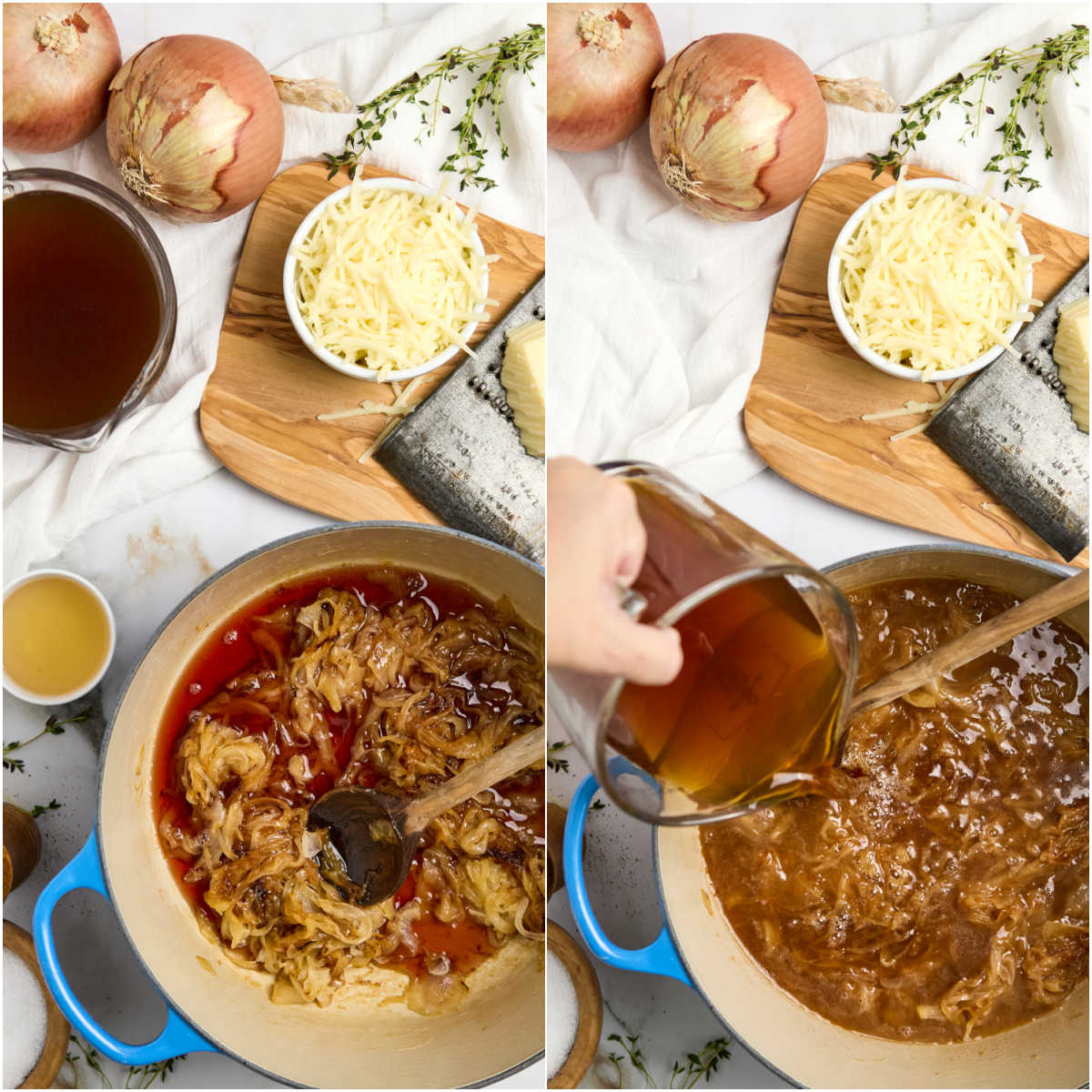 Adding beef broth to caramelized onions in blue Dutch oven, wooden spoon in pan.