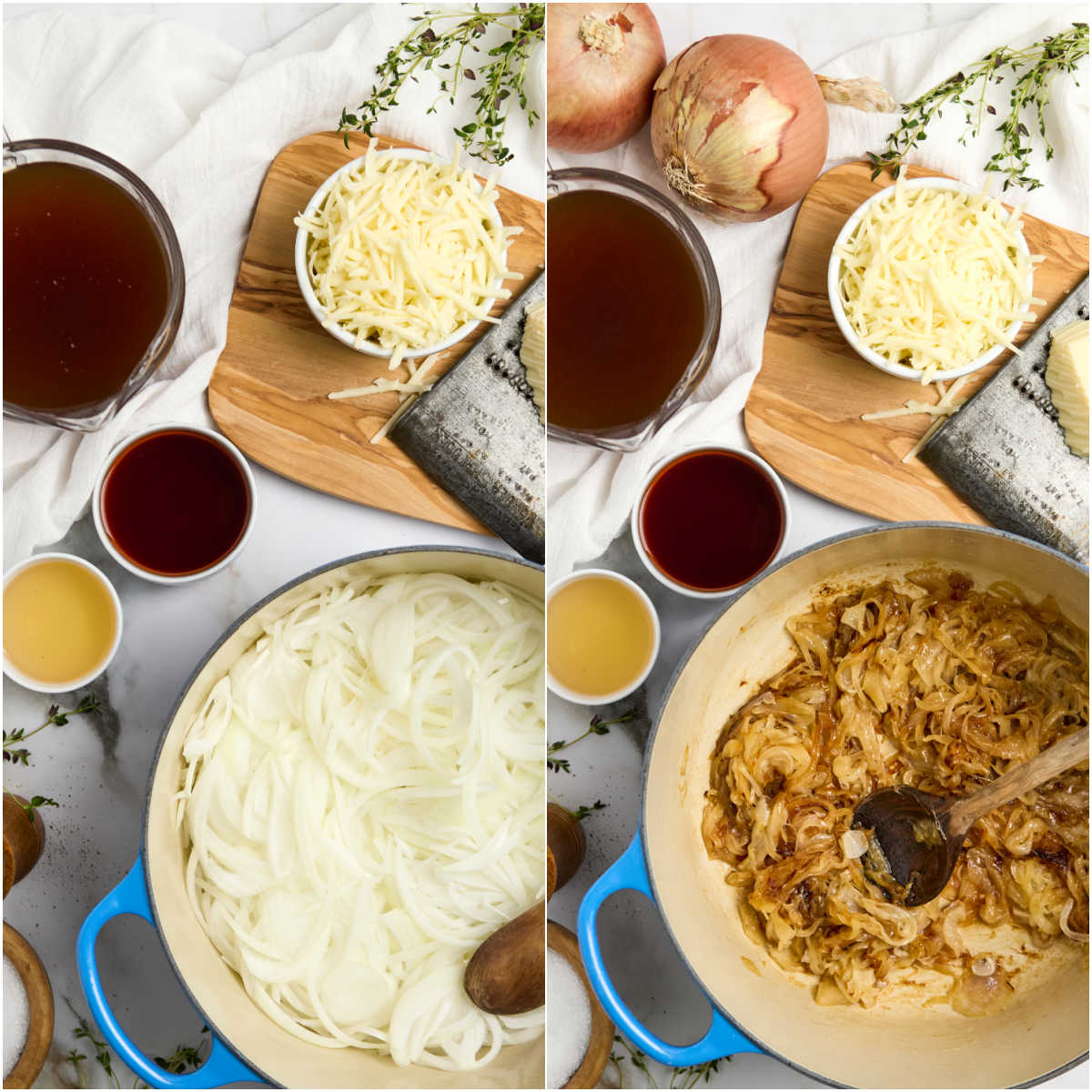 Cooking onions in blue Dutch oven, ingredients to side.