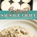 Biscuits and gravy on plate.