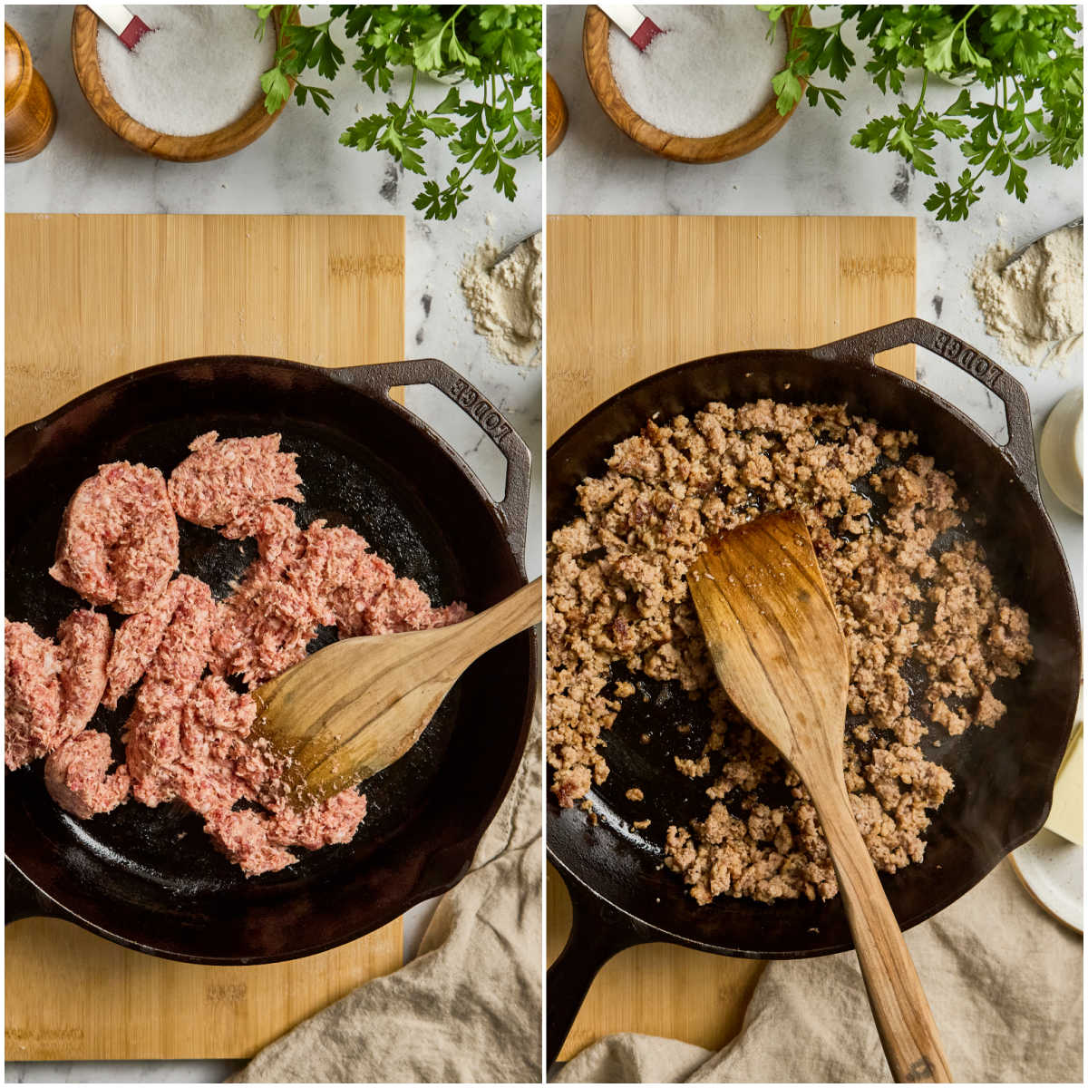 Browning sausage in cast iron skillet with wooden spatula.