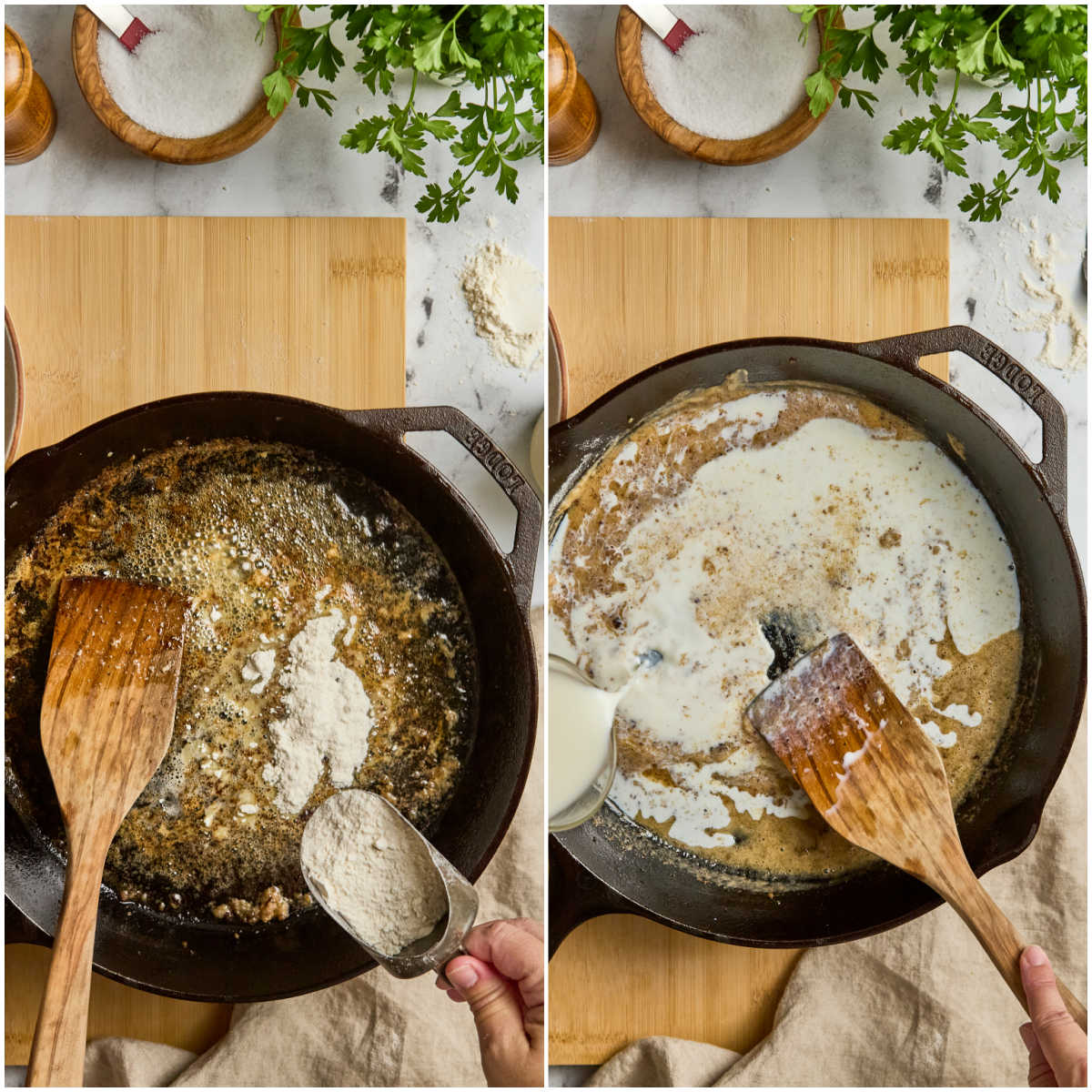 Making a roux with flour, adding milk to cast iron skillet with wooden spatula.