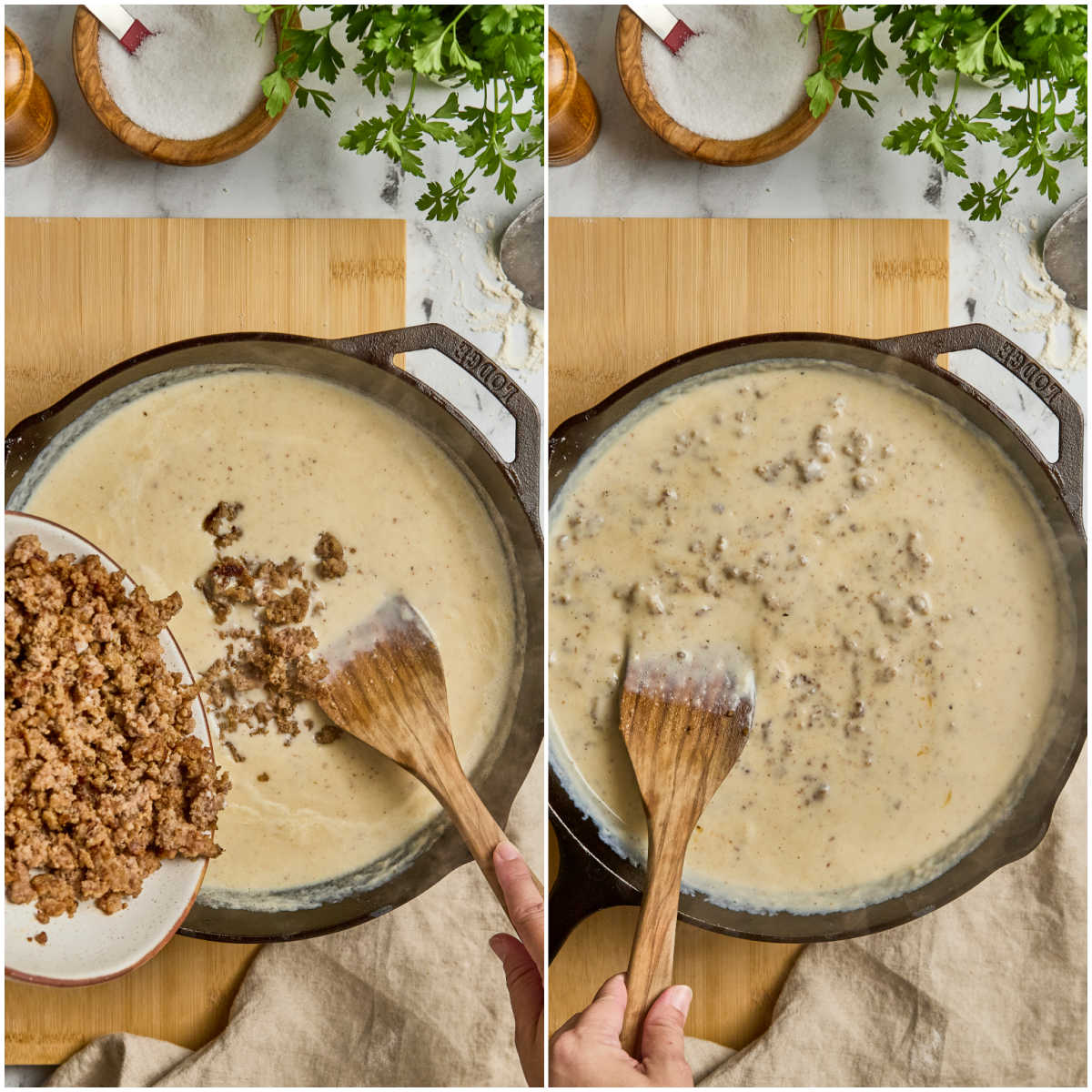 Adding browned sausage to white gravy in cast iron skillet with wooden spatula.