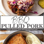 Pulled pork sandwich on small plate with coleslaw and pickles.