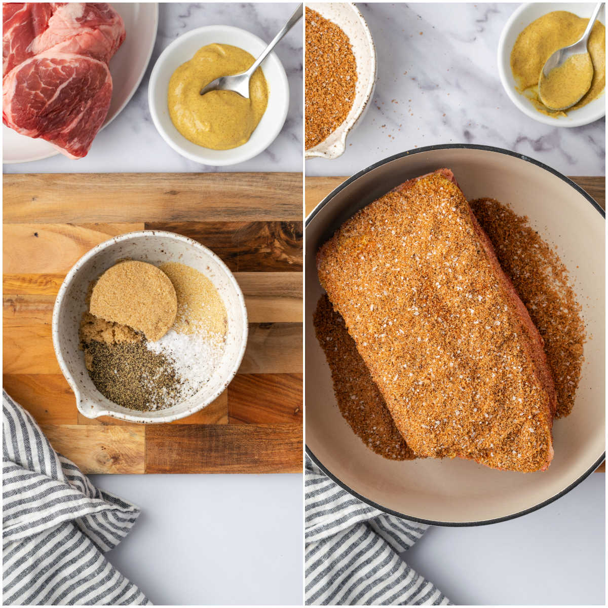 Pork shoulder in Dutch oven putting on dry rub.