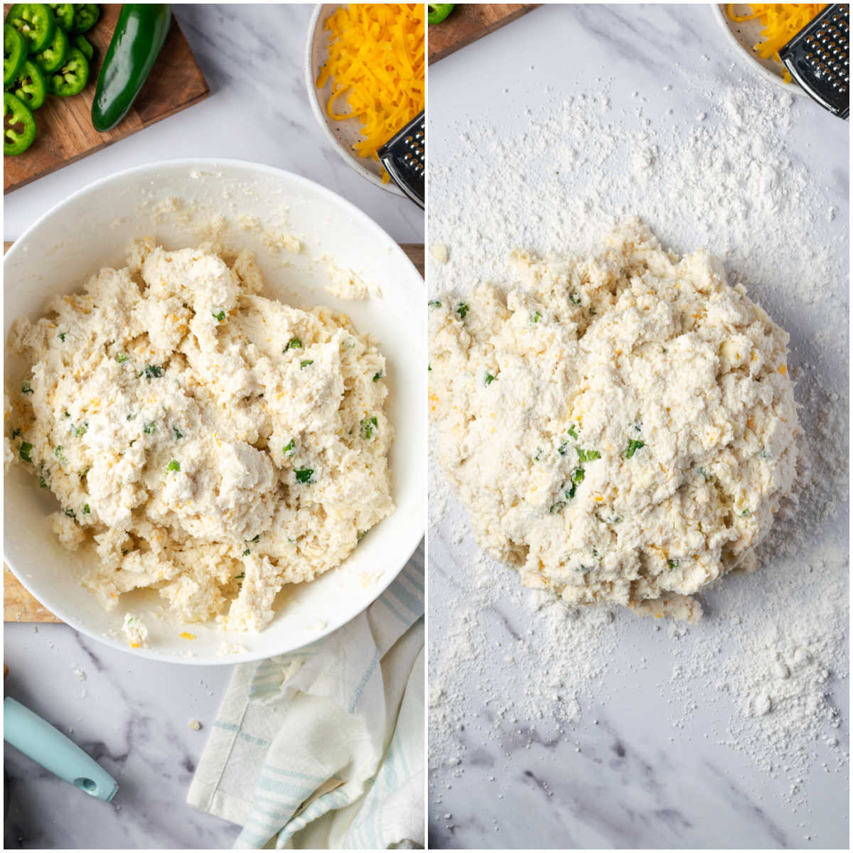 Biscuit dough in white bowl, dough on floured work surface.