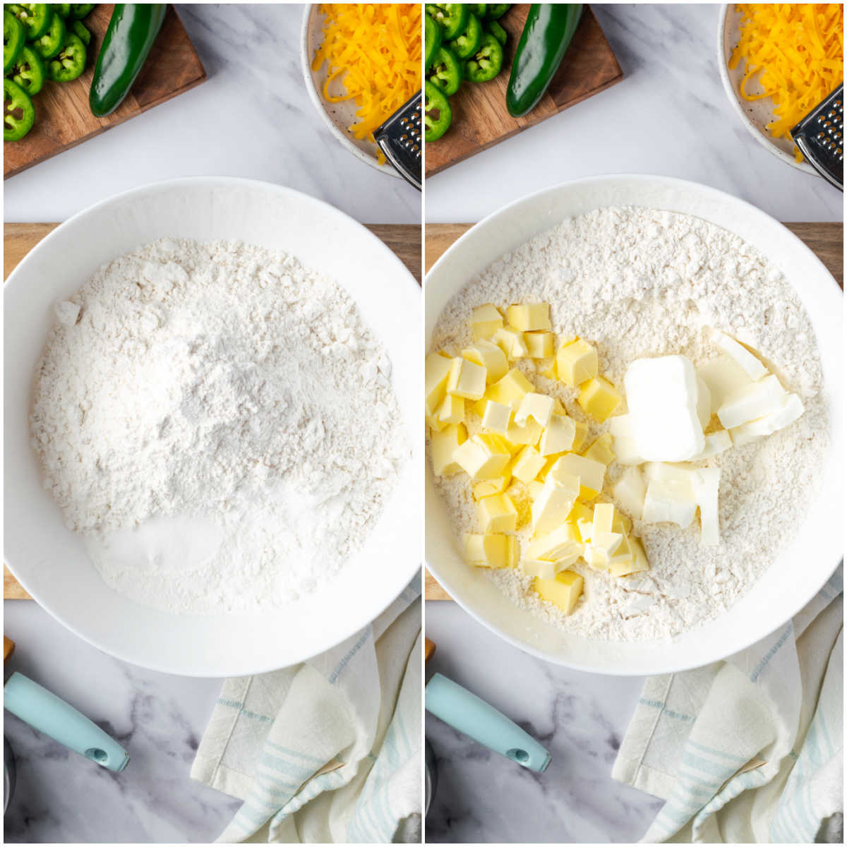 Step images of making biscuits in white bowl with flour, butter and lard.