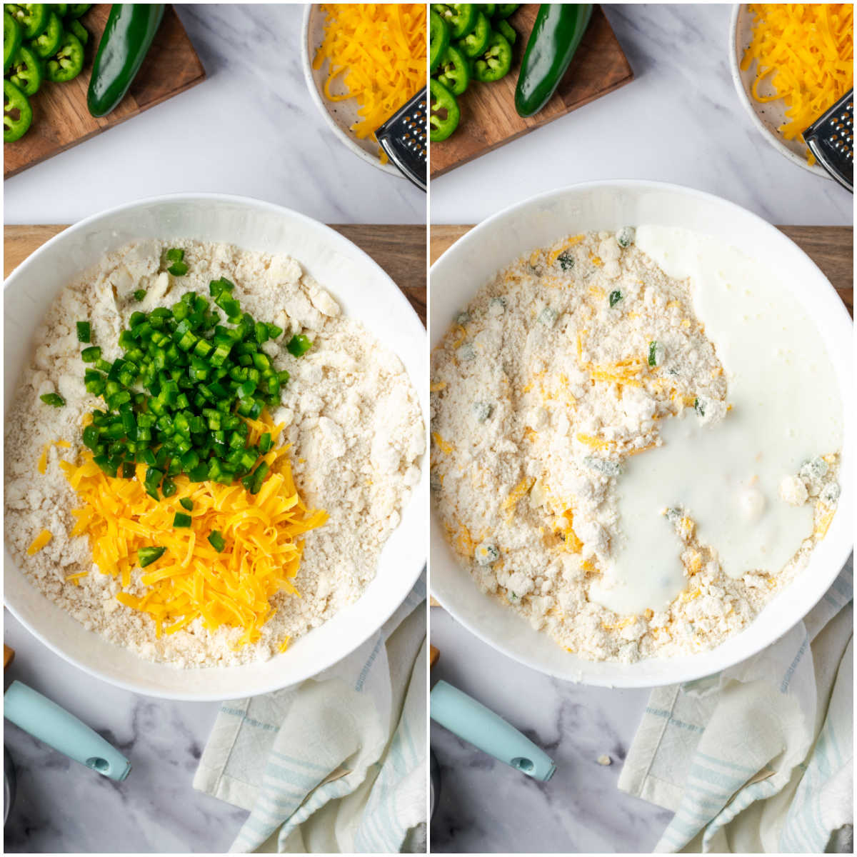 Step images of biscuits with jalapenos and yellow cheddar in white bowl incorporating ingredients.