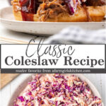 Coleslaw in a white speckled bowl.