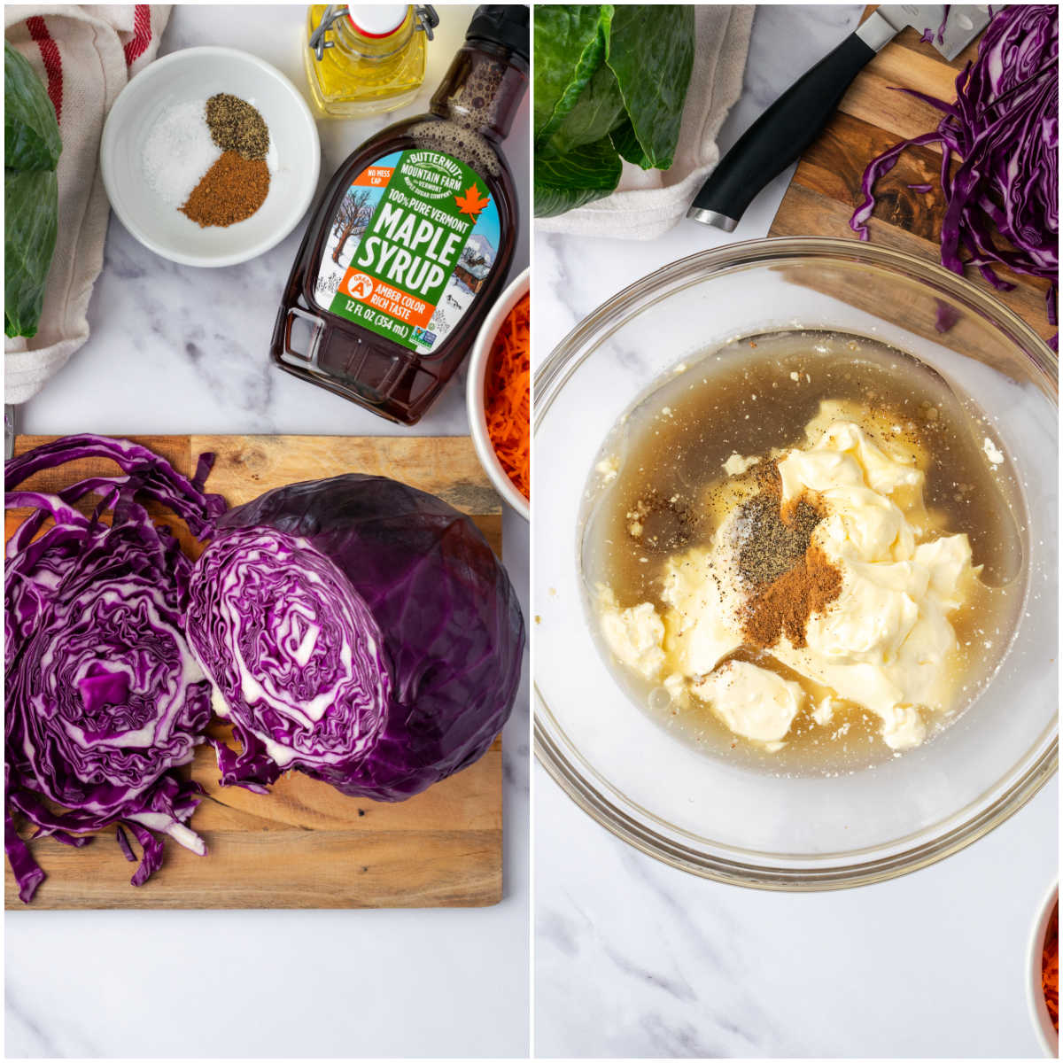 Step images of making coleslaw in clear glass bowl.