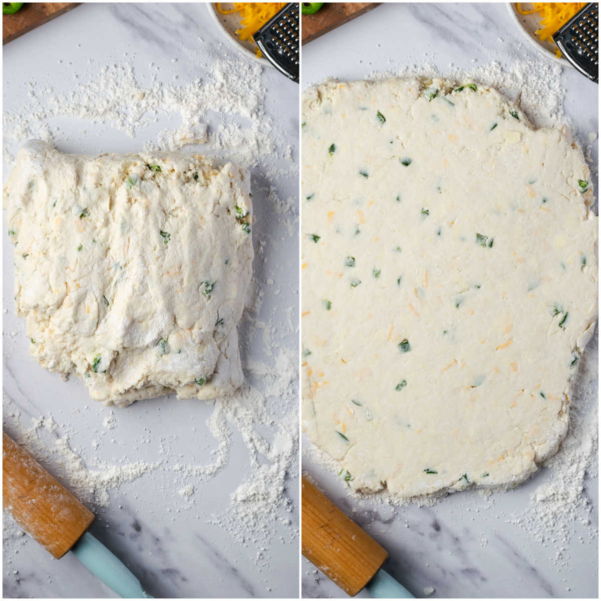 Rolling out biscuit dough on white marble.