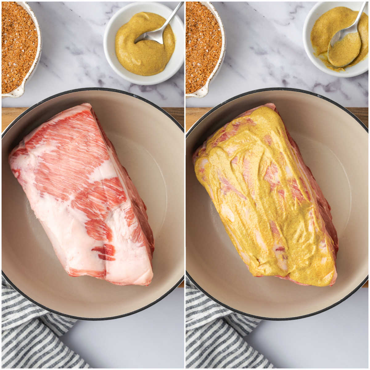 Step images of pork shoulder in Dutch oven, adding mustard.