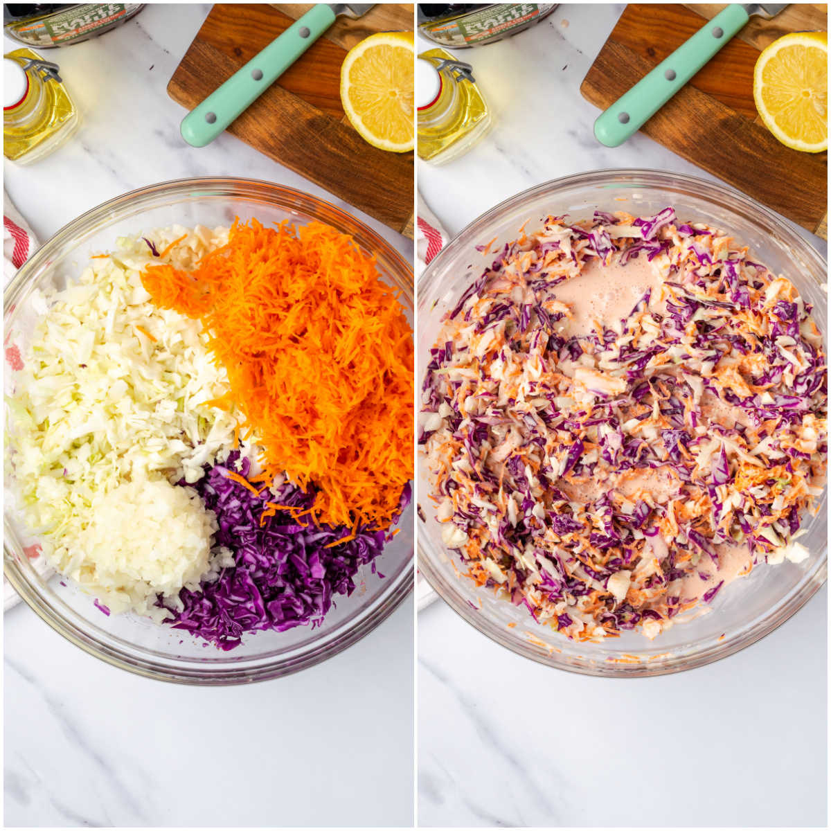 Step images of mixing coleslaw ingredients in clear glass bowl.