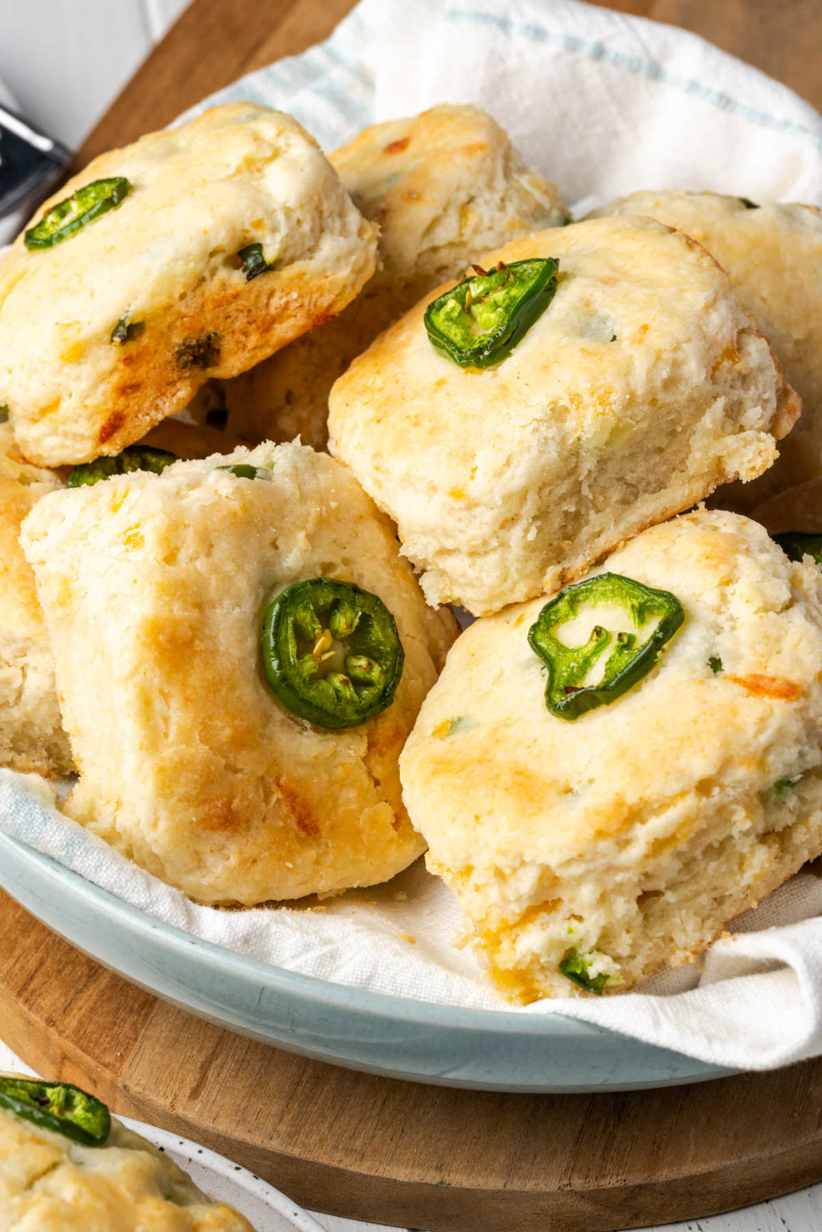 Close up of biscuits with cheddar and jalapenos.