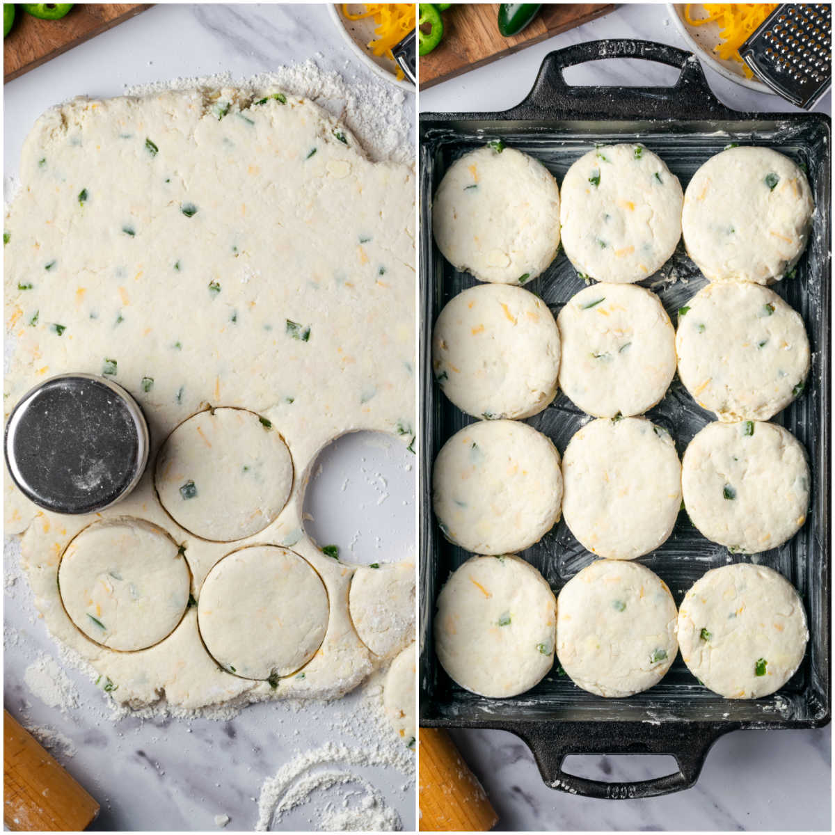 Cutting biscuits with metal biscuit cutter on marble counter, unbaked biscuits in rectangle cast iron baking pan.