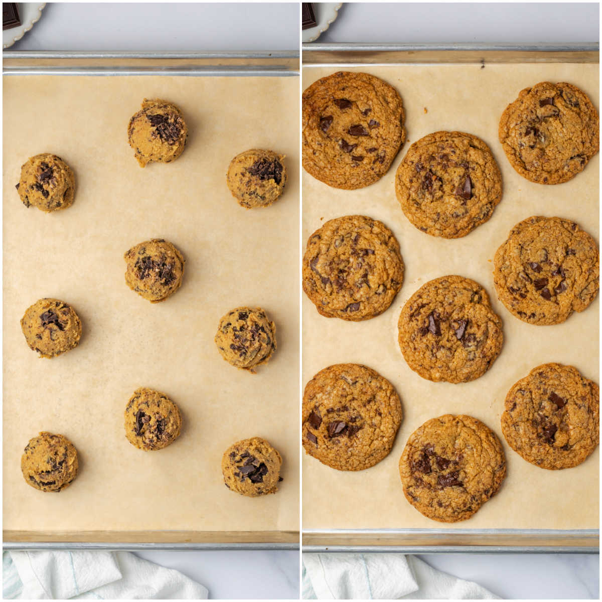 Step images baking chocolate chunk cookies.