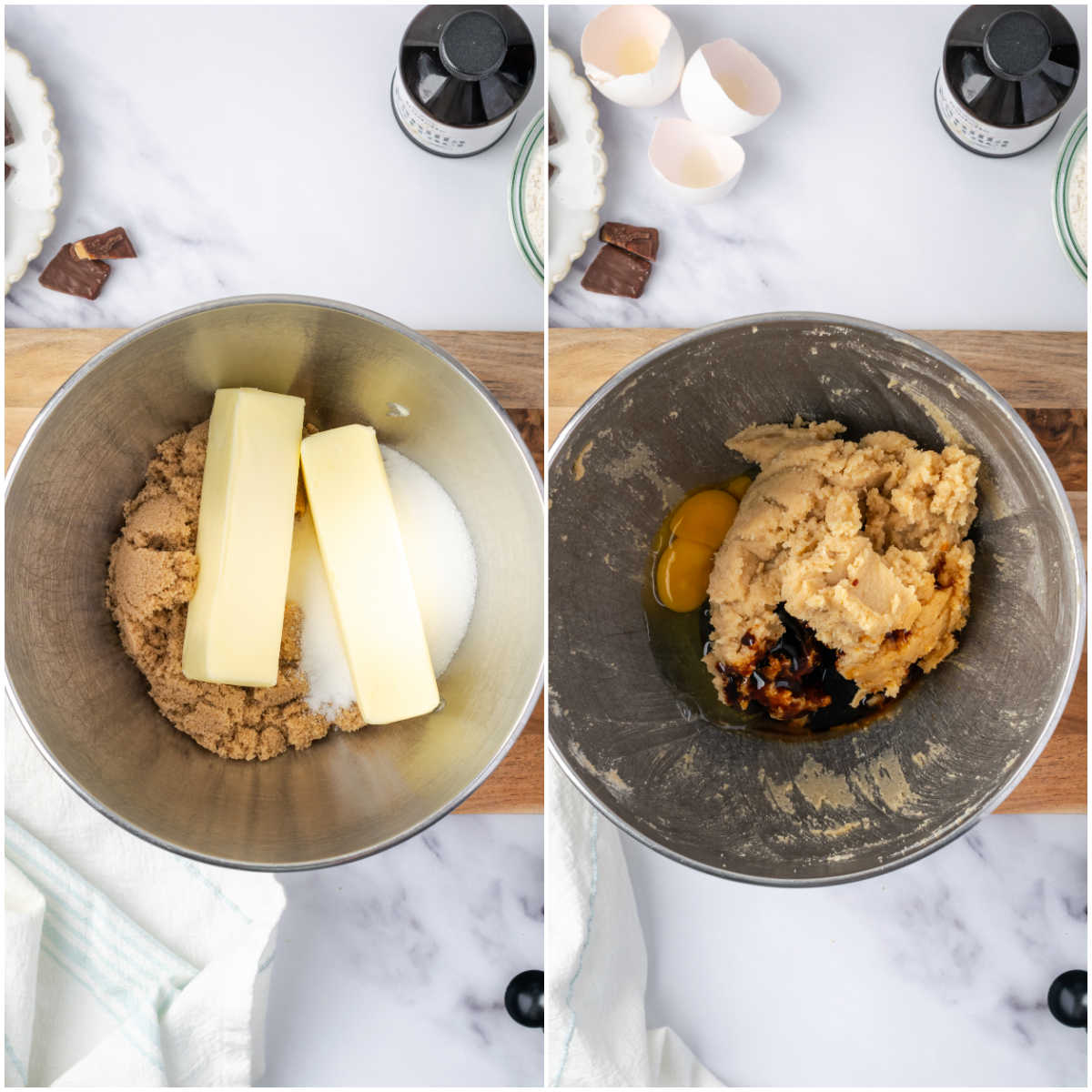 Step images making chocolate chip cookie dough in mixing bowl.