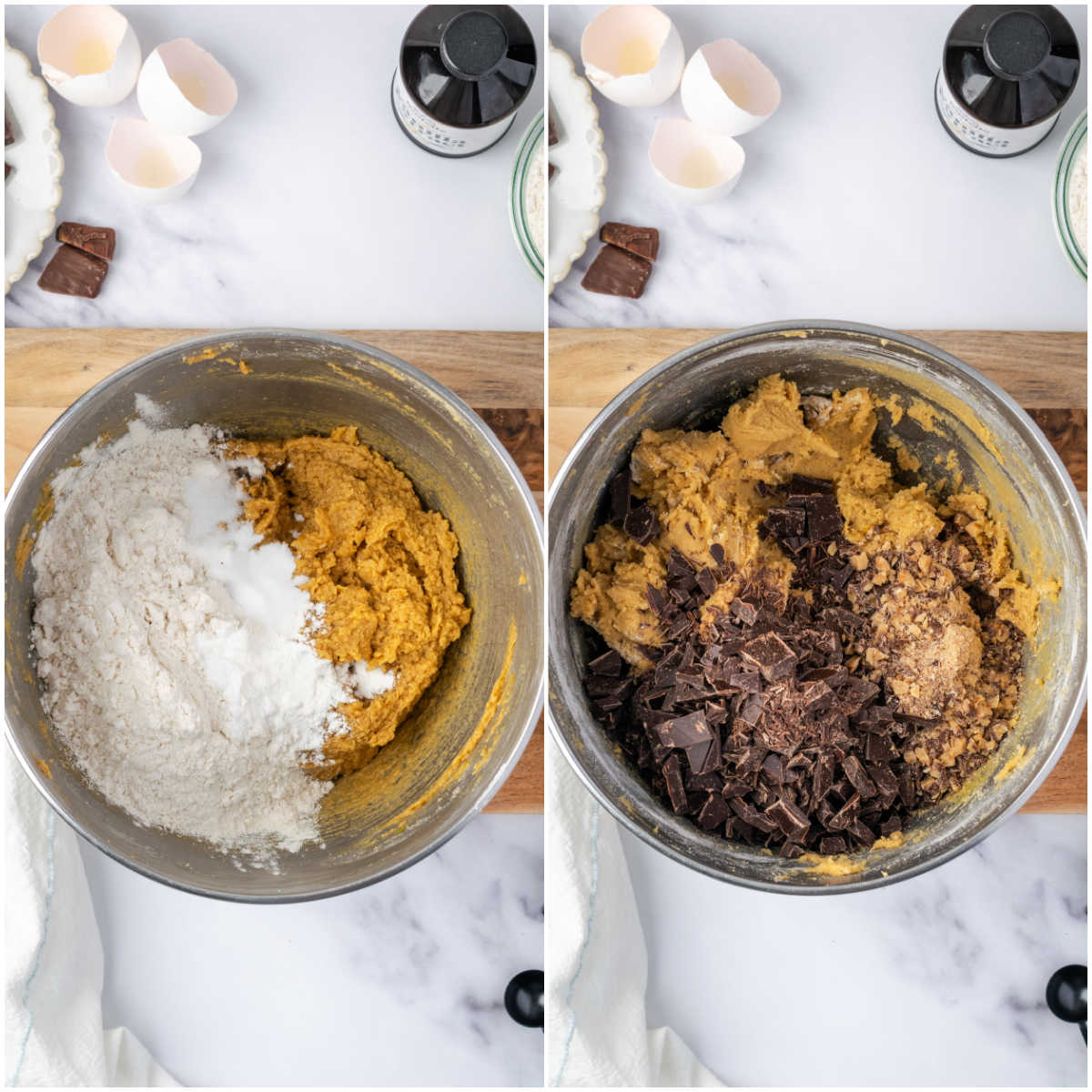 Step images making cookie dough, adding chopped chocolate in mixing bowl.